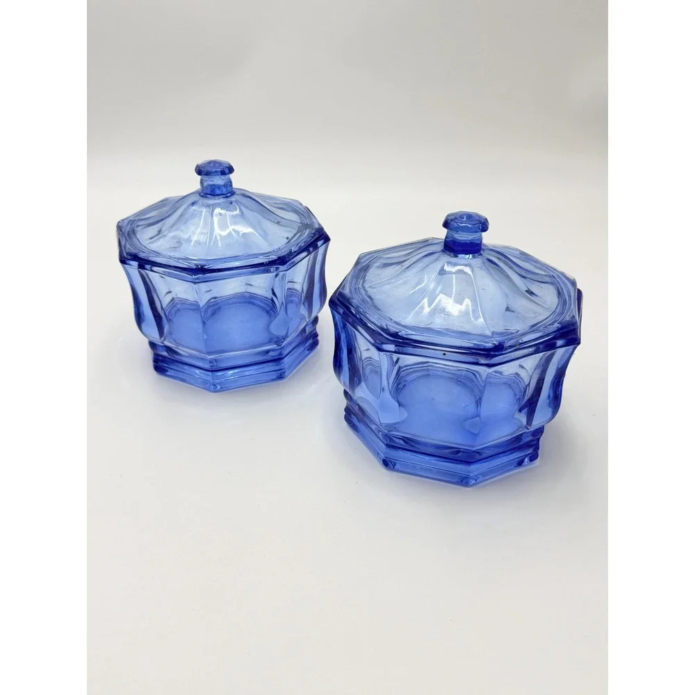 Vintage Indiana Glass Blue Glass Octagon Candy Dishes Set Lot of 2 Paneled Jars
